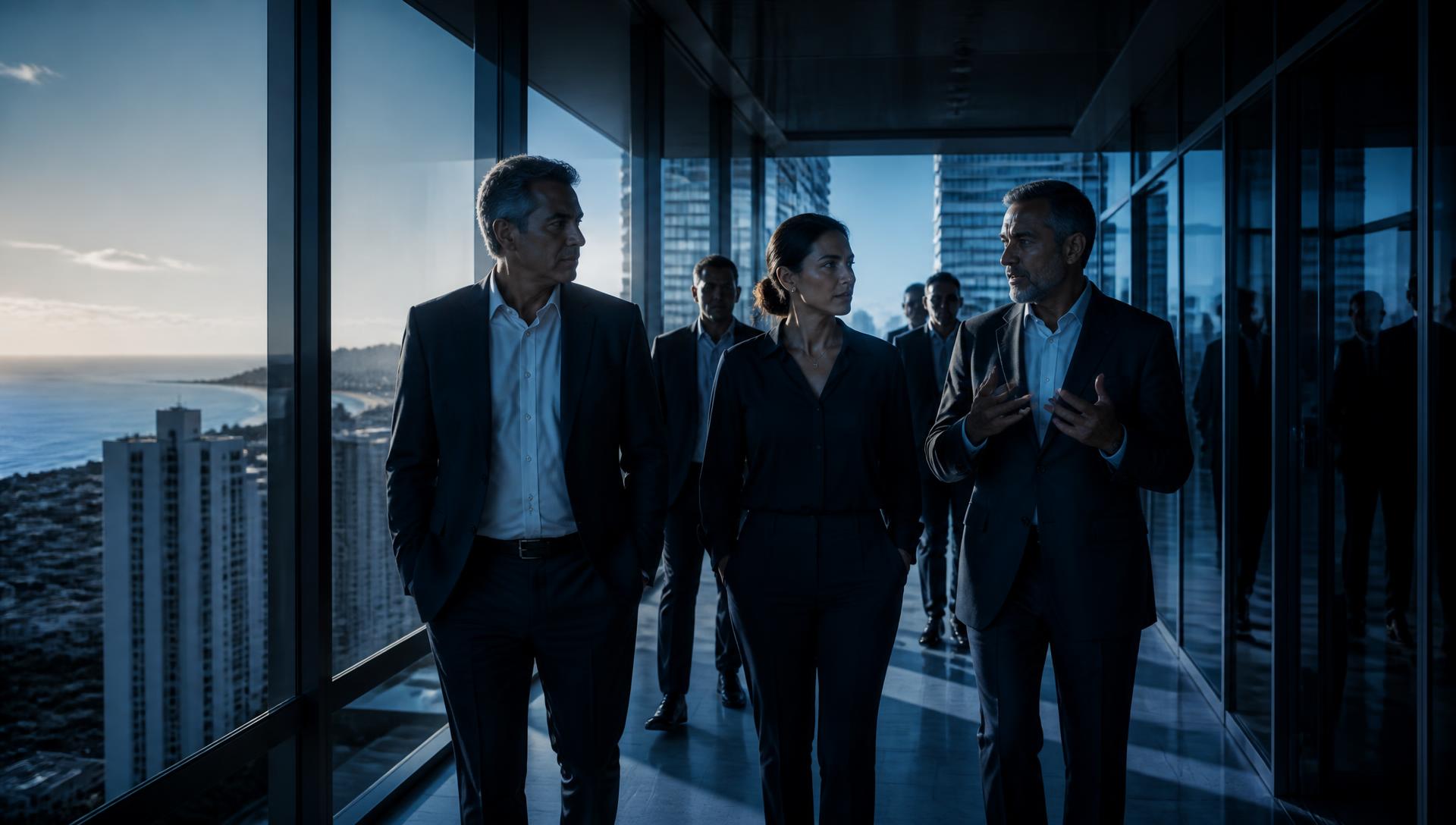 Especialistas da CR Corretora em corredor corporativo com vista para Fortaleza