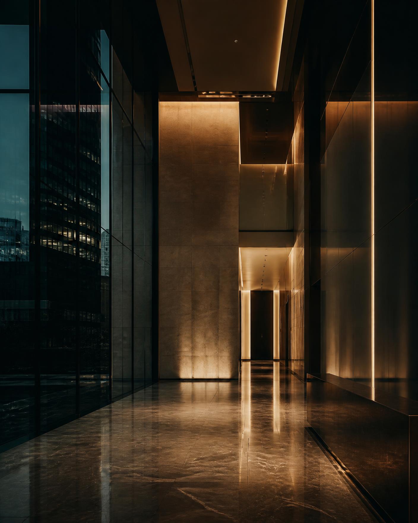 Lobby corporativo em tons de navy